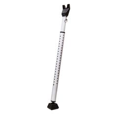 a white and black metal pole with holes on the side, in front of a white background