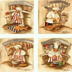 four pictures of a chef cooking food in different stages of life on the kitchen floor