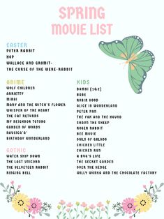 the spring movie list with flowers and butterflies