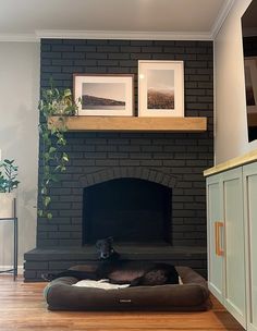 a dog is laying on his bed in front of the fireplace with two pictures above it