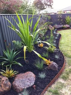 a garden with lots of plants and rocks in the grass next to a metal fence