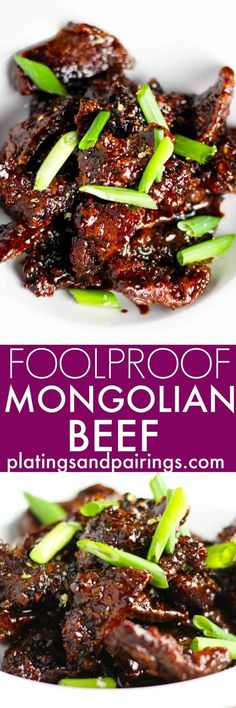 two plates with food on them and the words foolproof moongoian beef above it