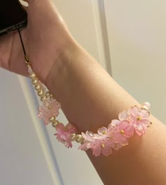 This phone charm strap is about 9 inches / 22 cm long. Phone Charms Diy, Cherry Blossom Aesthetic, Flowers And Pearls, Cherry Blossom Flowers, Phone Charms, Dress Design Sketches, Pastel Pink Aesthetic, Phone Strap, Cute Keychain