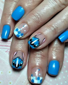 Stitch Theme Nails, Stitch Angel Nails, Baby Yoda Nails, Disney Gel Nails, Disneyland Nails, Character Nails