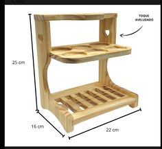 a wooden shelf with two shelves and measurements