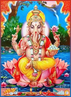 the god ganesha is sitting on top of a lotus in front of water