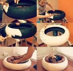 a collage of photos showing how to make a dog bed out of an old tire