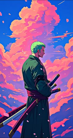 a man with green hair is holding two swords in front of an orange and pink sky