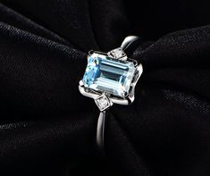 Blue Stone Rings, Gold Emerald Cut Engagement Ring, Emerald Cut Diamond Ring, Emerald Cut Rings, Aquamarine Engagement Ring, Emerald Engagement Ring Cut, Jewels Rings, Ladies Ring, Aquamarine Jewelry