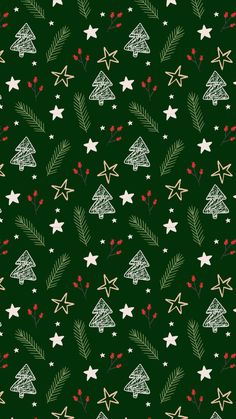 a green christmas pattern with white stars and firs on it's side,