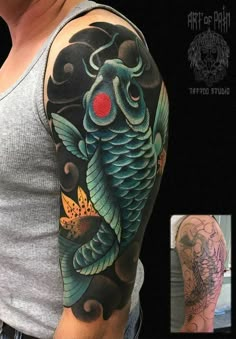 a man with a tattoo on his arm has a koi fish in the water