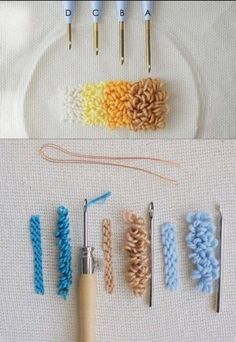 crochet hooks and knitting needles on a table