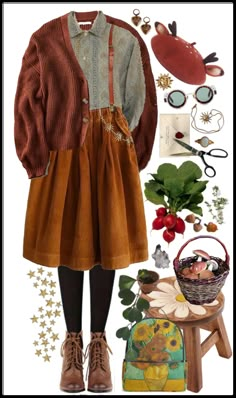 Outfit Ideas Aesthetic Vintage Dresses, Gardening Clothes Aesthetic, Cottagecore Halloween Outfits, Moody Cottagecore Outfits, Cottagecore Outfit Fall, Autumncore Aesthetic Outfits, Orange Cottagecore Outfit, Cottage Academia Aesthetic Outfits, Autumn Dress Aesthetic