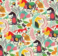 a colorful pattern with animals and plants on it