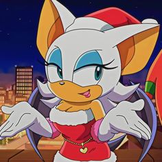 a cartoon character in a red dress and white cat with blue eyes standing on a rooftop at night