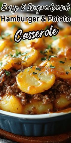 a close up of a casserole dish with potatoes and meat in it on a plate