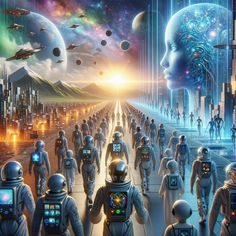 a group of people walking down a street surrounded by space suits and alien like creatures