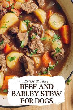 beef and barley stew for dogs in a white bowl on a wooden table with text overlay