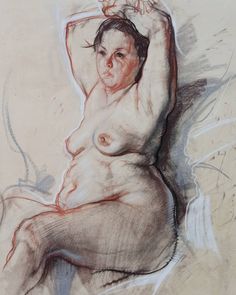 a drawing of a nude woman sitting on a chair with her arms behind her head