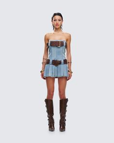 An all-denim look never fails to make you look like a bad b*tch 👑 This blue pleated mini dress is made from a stretch denim, and complete with a large adjustable belt at the bust and waist for a chic, and snatched look 😚 White Corset Dress, Pleated Denim, Rhinestone Top, Mesh Maxi Dress, White Corset, Pleated Mini Dress, Sequin Mini Skirts, Pink Ruffle, Pink Sequin