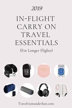 travel essentials for the new year in - flight carry on, with text overlay