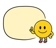 a yellow smiley face with arms and legs pointing at an empty white speech bubble on a white background