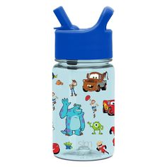 thermos water bottle with blue lid and monsters on it, is shown in front of a white background