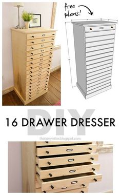 an image of drawers that are made out of wood and have the words, 16 drawer dresser