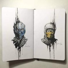 an open book with two drawings of skulls on it