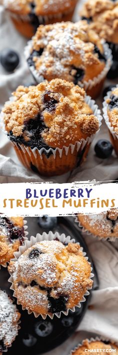 blueberry muffins with powdered sugar on top