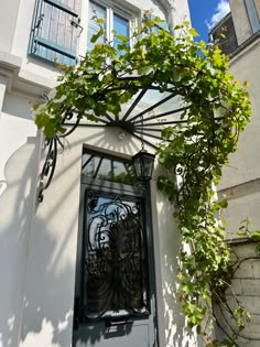 an iron door with vines growing over it and a window on the side of a building