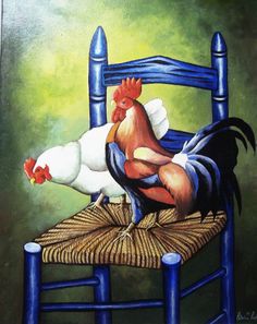 a painting of a rooster sitting on a blue chair