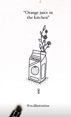 an advertisement for orange juice in the kitchen with a drawing of a flower in a carton