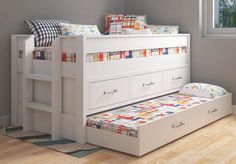 a white bunk bed with drawers underneath it