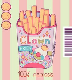 a close up of a bag of french fries on a striped background with the text clown fries