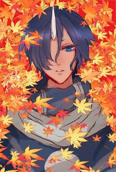 an anime character surrounded by autumn leaves