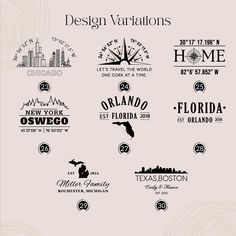 the logos for various businesses are shown in black and white, with an image of a city on it