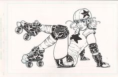 a black and white drawing of a girl on a skateboard