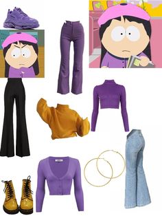 an assortment of clothing and accessories for cartoon characters