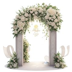 an archway decorated with white flowers and greenery for a wedding or special event ceremony