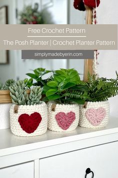 three crocheted planters sitting on top of a dresser next to a mirror