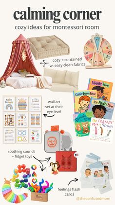 a poster with different items for children's playrooms and bedroom furniture, including toys