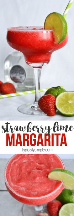 strawberry lime margarita with strawberries and limes on the rim