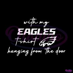 the eagles logo is shown in purple and white on a black background with words that read,