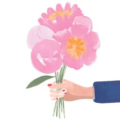 a hand holding a bouquet of flowers on top of a white background with pink petals