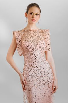 Gemy Maalouf - Structured Shoulders Dress-Dresses-Wardrobe Apparel Luxury Sequin Evening Dress For Party Season, Luxury Embellished Pink Evening Dress, Elegant Pink Sequin Dress For Gala, Luxury Pink Embellished Evening Dress, Elegant Pink Sequin Formal Dress, Luxury Sequin Gown For Prom Season, Luxury Sequin Evening Dress With Fitted Bodice, Luxury Sleeveless Sequin Wedding Dress, Pink Sequin Dress For Gala