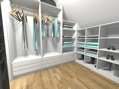 a white closet filled with lots of shoes and clothes hanging on shelves next to a wooden floor