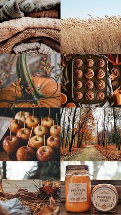 a collage of photos with apples and pumpkins in the fall, an orange jar filled with honey sits on a table surrounded by autumn foliage