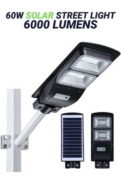 the solar street light has two lights on it and is next to an electronic charger