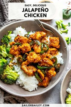 a bowl filled with chicken and broccoli on top of rice next to a fork